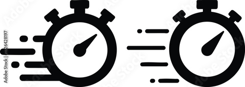 Dynamic Speed Stopwatch Icons, Minimalist Fast-Timing Chronometer Set, Quick-Start Stopwatch Action Graphics, Motion-Effect Timer Pictograms, vector, illustration, silhouette.