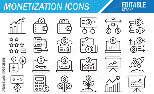 Financial Data and Analytics Line Icons - Monetization Vector