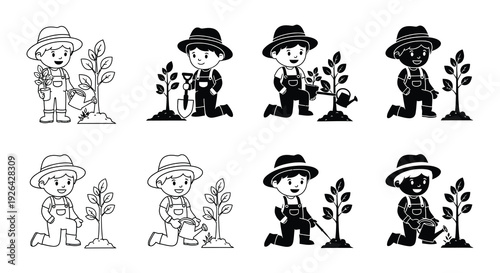 Black and white illustrations of children gardening with plants and tools