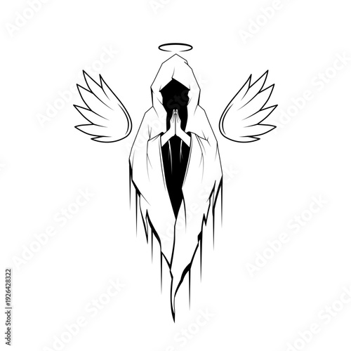 monochrome dark angel praying silhouette illustration