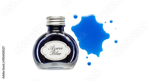 Azure blue fountain pen ink bottle with spilled ink splash and droplets isolated on transparent background