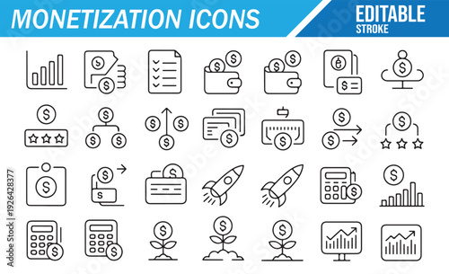 Editable Stroke Monetization Icons - Business & Finance Vector