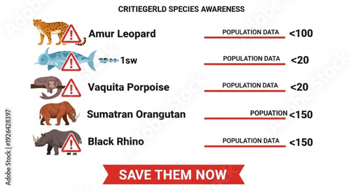 Endangered species infographic showing amur leopard vaquita porpoise sumatran orangutan and black rhino with population data and warning signs