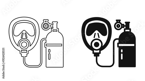 Breathing Mask and Oxygen Tank Vector Icon – Front View Respiratory Equipment for Medical, Diving, and Safety Applications