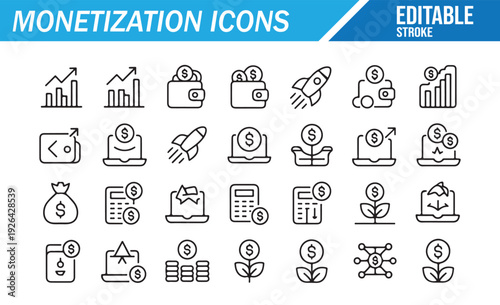 Monetization Line Icons Set - Finance and Business Vector Symbols