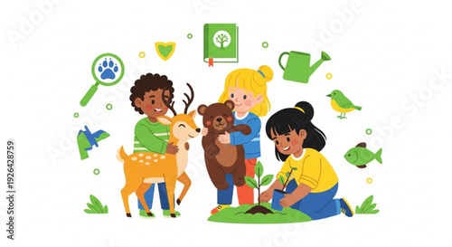 Diverse children with animals planting tree surrounded by eco friendly icons and nature symbols
