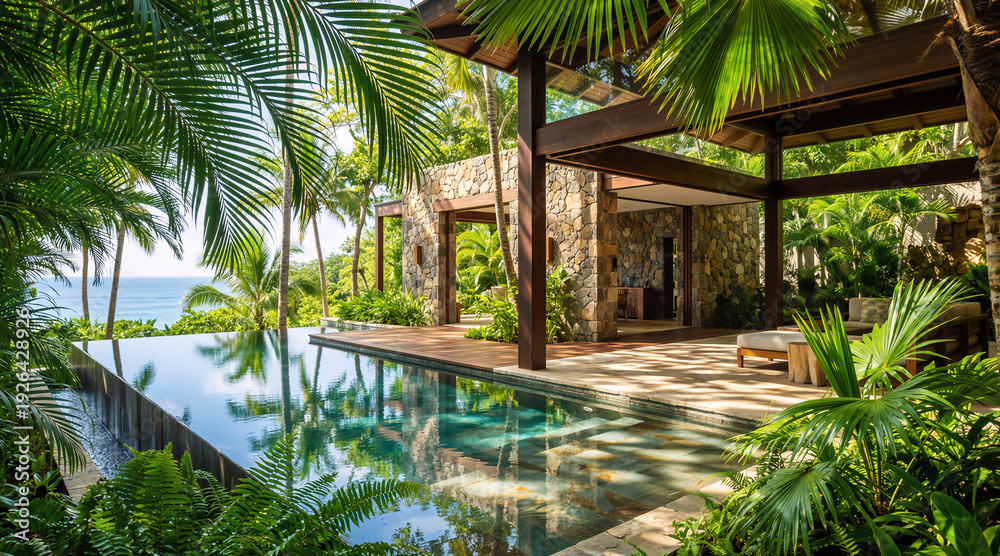 Fototapeta premium Modern tropical villa with infinity pool and ocean view. Luxury mansion architecture with stone walls and wooden deck. Exotic resort home exterior