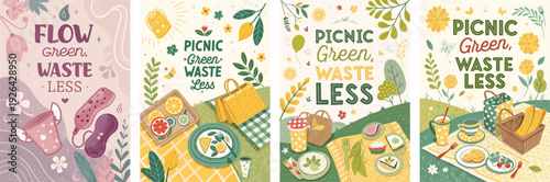 Colorful illustrations promoting eco-friendly picnicking and waste reduction.