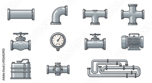 Collection of various metal pipes and industrial plumbing equipment.