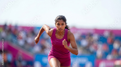 Wallpaper Mural South Asian female sprinter running on a track. Professional woman athlete competing in track and field event. Running and fitness concept Torontodigital.ca
