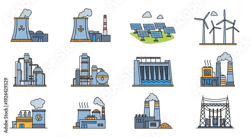 Various illustrations of different types of industrial power plants and energy production facilities.