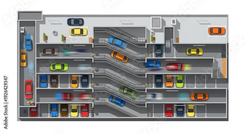 Multi-level parking garage with cars and ramps for vehicle access and storage.