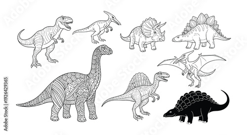 A collection of various dinosaur outlines and a uniquely patterned brontosaurus