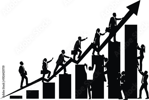 Business people climbing upward trending bar chart arrow silhouette.
