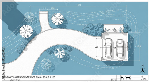 Architectural blueprint of a residential property with driveway and parking.