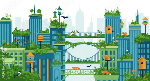 Sustainable cityscape with green buildings and eco friendly infrastructure in a vibrant urban environment