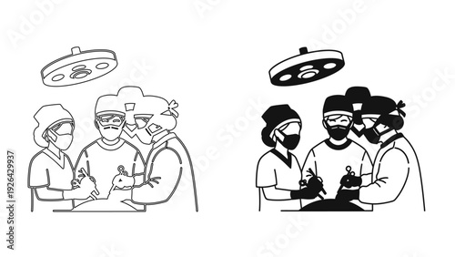 Surgeons team performing operation in hospital operating room, medical surgery line art vector illustration