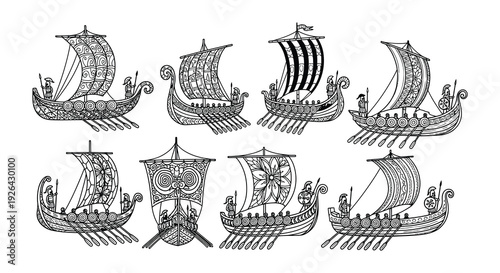 Detailed illustration of several ornate viking ships in black and white