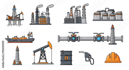 Oil and gas industry equipment and transportation vector illustration set.