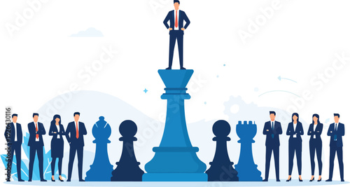 Business leader standing on giant chess piece symbolizing strategy and success.