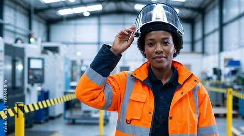 Wallpaper Mural Black female industrial worker adjusting a safety visor in a factory. Woman in high visibility jacket at a manufacturing plant. Engineering and industrial profession concept Torontodigital.ca