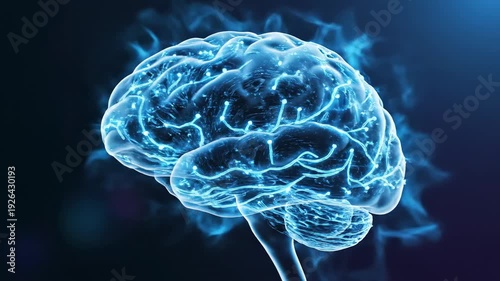 Glowing blue brain with neural network connections and energy pulses, representing thought and intelligence