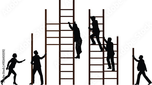 Business people climbing ladders representing career growth and competition.