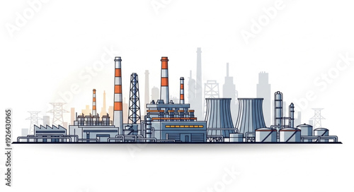 Industrial complex illustration showcasing factories, chimneys, and infrastructure in a detailed cityscape.