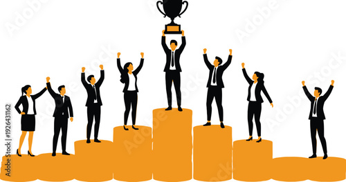 Business team celebrating success standing on stacks of gold coins holding trophy.