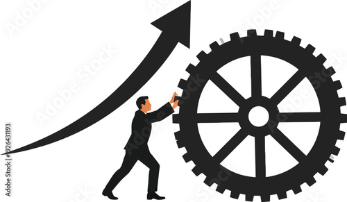 Businessman pushing large gear with upward trending arrow symbolizing growth and success.