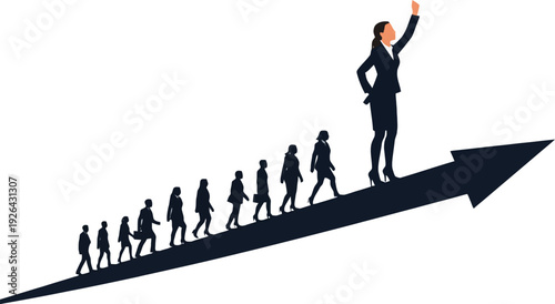 Businesswoman leading a team upward on a growing arrow graph.