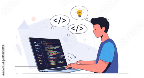 Man Coding on Laptop with Code Symbols.