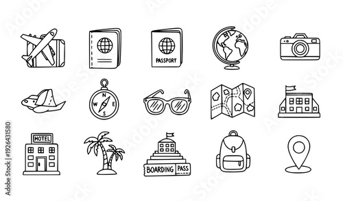 Hand drawn travel doodle icons set with airplane suitcase passport and tourism symbols vector illustration
Keywords: