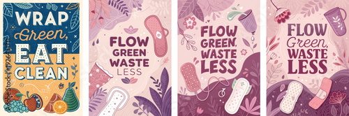 Colorful illustrations promoting sustainability and waste reduction in feminine hygiene products.