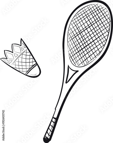 Badminton racket and shuttlecock doodle. Hand drawn sport equipment