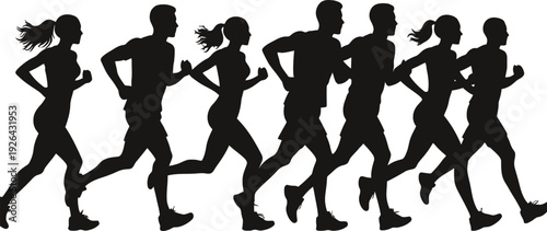 Silhouettes of a group of diverse runners in motion, side view.