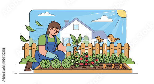 Man Gardening in Raised Bed Vegetable Garden.