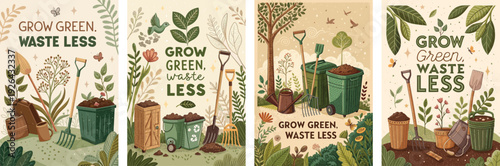 Colorful illustrations promoting sustainability and gardening practices.
