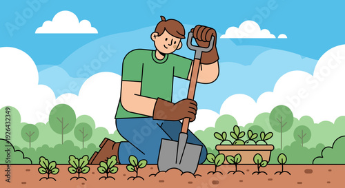 Man Kneeling in Garden with Shovel.