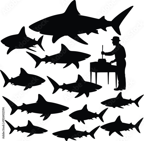 Silhouette of a man playing piano surrounded by sharks isolated on transparent background