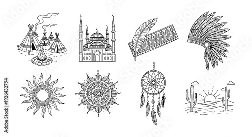 Illustrative collection of native american and islamic cultural symbols