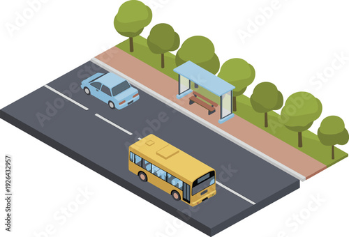 Isometric city bus on road with bus stop, passenger waiting area, trees, and car street infrastructure