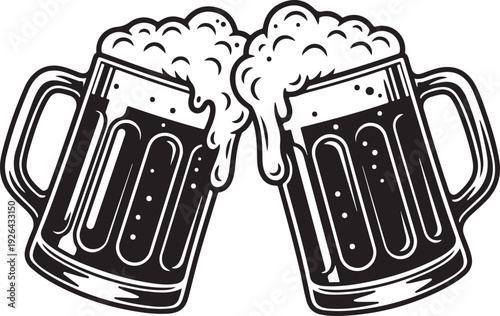 Two beer mugs clinking together with foam black and white 1
