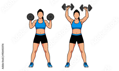 Woman Dumbbell Overhead Press Exercise Steps Illustration