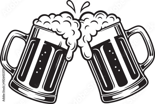 Two beer mugs clinking together with foam celebration 1