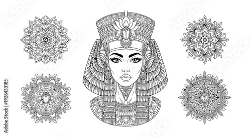 Intricate illustration of nefertiti with surrounding ornamental mandala designs