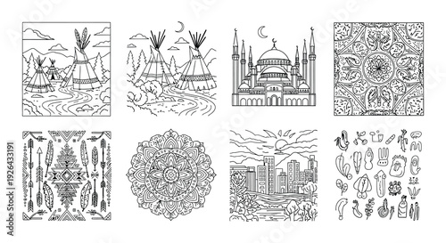 Illustrative collection of native american and islamic cultural symbols