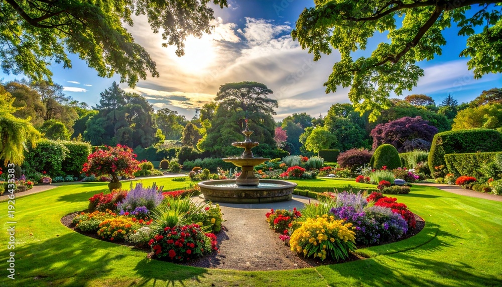 Obraz premium Lush manicured garden with ornate fountain and vibrant flower beds in sunlight
