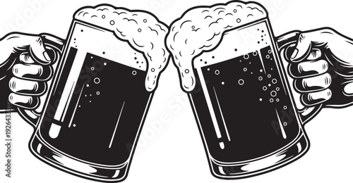 Two hands holding beer mugs with frothy dark liquid