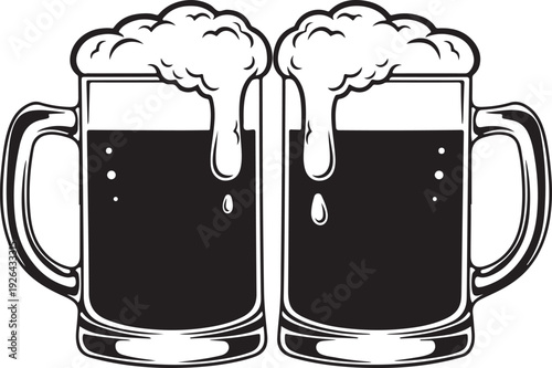 Two Mugs of Beer with Foamy Tops frothy drink alcohol